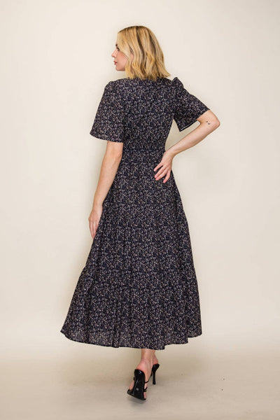 Ditsy Floral Flutter Sleeve Midi Dress: Navy / S - Lulu Bella Boutique