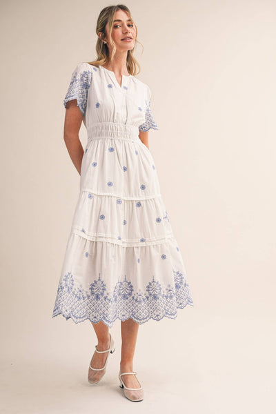 FLORAL EMBROIDERY TIERED MIDI DRESS MDR4566: WHITE BLUE FLORAL / S - Lulu Bella Boutique