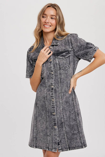 BUTTON UP DENIM DRESS: WASHED BLACK