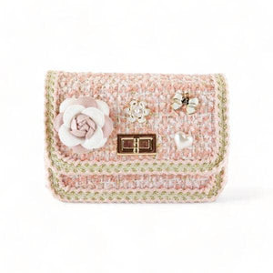 B1306A Floral Brooch Tweed Purse: Pink