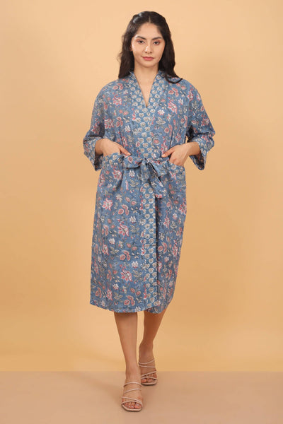 Vintage Floral Cotton Kimono Robe, Boho Bridal Dressing Gown - Lulu Bella Boutique