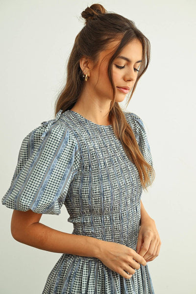 D5974   FLORAL PRINT WITH PUFF SLV DRESS: BLUE MULTI / S - Lulu Bella Boutique