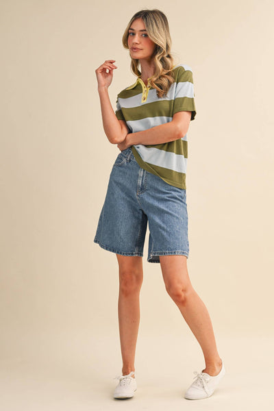 STRIPED SWEATER KNIT SHORT SLEEVE POLO MSW11339: BLUE SAGE / S - Lulu Bella Boutique