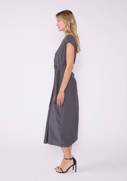 Solid Dolman Cap Sleeve Midi Wrap Dress: Pewter / S - Lulu Bella Boutique