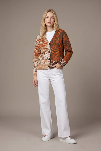 Mixed Floral Jacquard Cardigan: RUST