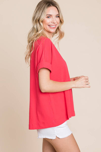 Plus Size Solid Cotton Casual Top: 2XL / Coral