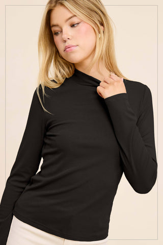 Stretchy Ribbed Long Sleeve Mock Neck Basic Top: Onyx / L