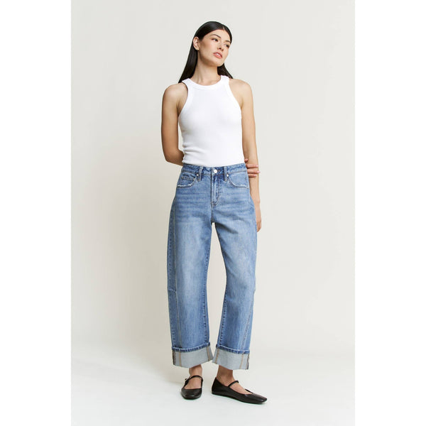 HIGH RISE BARREL-LEG DETAILING CUFFED HEM: DUSTY SKY / 24 - Lulu Bella Boutique