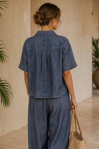 Linen Pocket Camp Shirt: DENIM