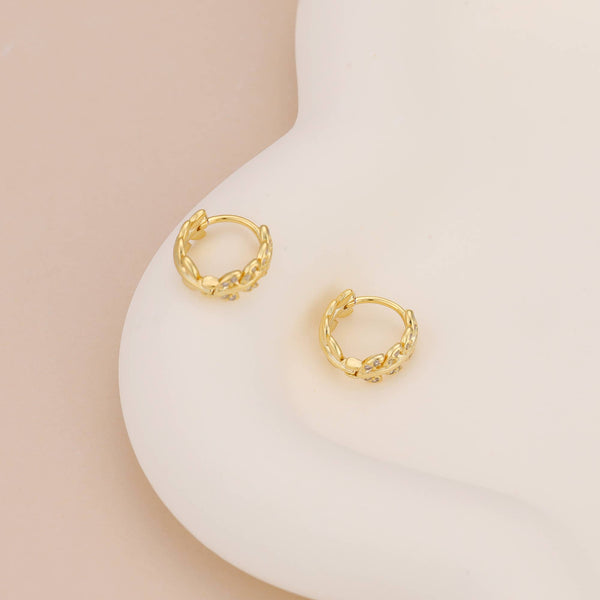 E043 gold leaf huggie earrings, leaf hoop earrings, huggies: Silver