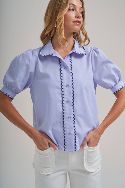 PIN STRIPE BLOUSE TOP WITH SCALLOP EDGE STITCHING DETAIL: BLUE/IVORY / S-M-L(2-2-2) - Lulu Bella Boutique