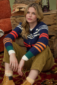 MULTICOLOR STRIPE CABLE KNIT BUTTON DOWN CARDIGAN: NAVY - Lulu Bella Boutique