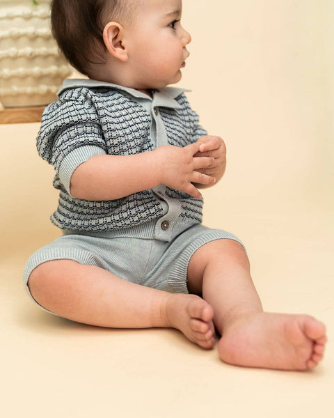 Miles Wave Textured Baby Shirt & Shorts Set (Organic Cotton): Blue Heather