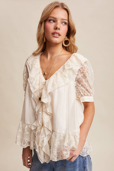 Lace Trim Ruffle Peplum Blouse LT1448: Cream / Contemporary / S - Lulu Bella Boutique