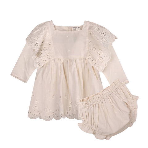 Schiffli Lace Collar Baby Girl Dress & Bloomer (Organic): Natural