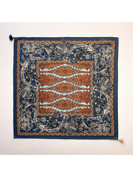 Retro Floral Print Tassel Square Scarf: Navy