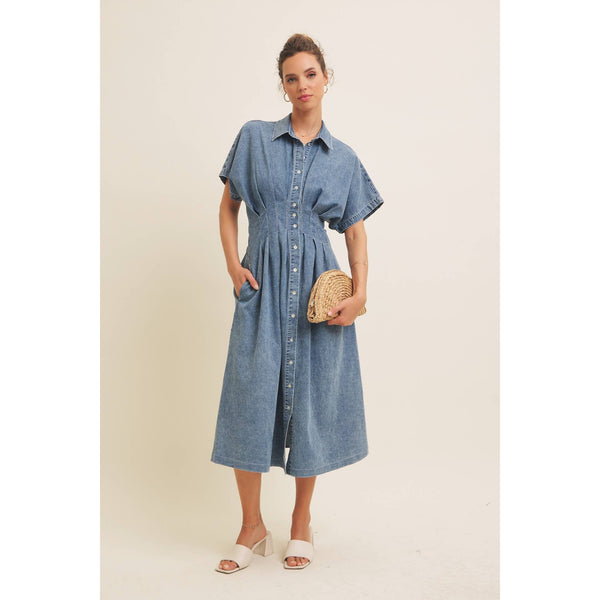 STRETCHY DENIM MIDI DRESS WITH MINERAL-WASHED: WASHED DENIM / L - Lulu Bella Boutique