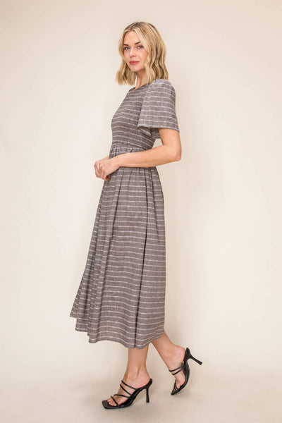 Striped Smocked Midi Dress: Shadow Grey / S - Lulu Bella Boutique