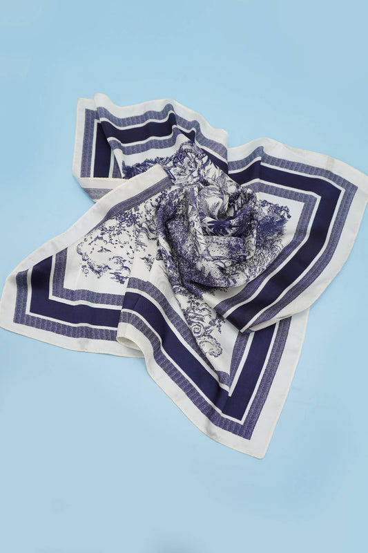 LARGE FLORAL TOILE PRINT BANDANA SCARF: NAVY