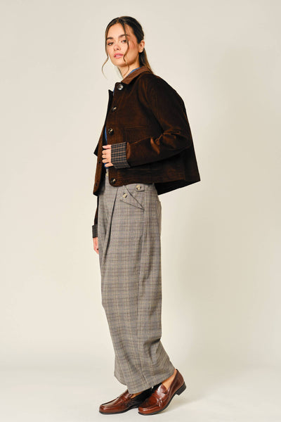 OXFORD CORDUROY BUTTON PLAID JACKET: BROWN