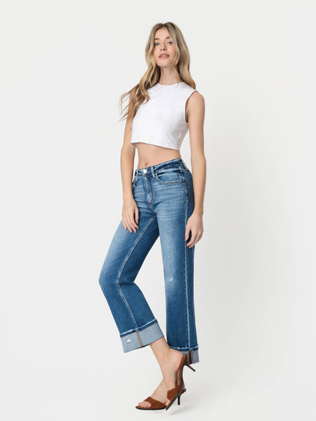 HIGH RISE MEDIUM DARK WASH CUFFED SLIM WIDE JEANS F5992: DARK STONE / 26 - Lulu Bella Boutique