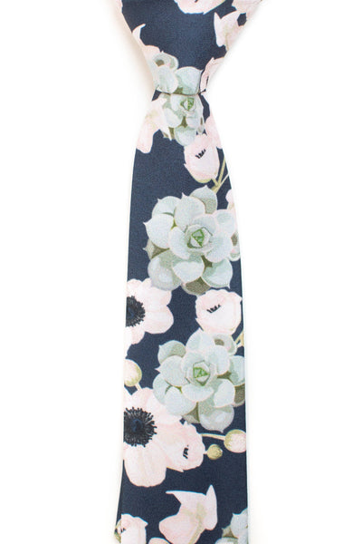 Brooks - Navy Floral and Succulent Tie: 2.5" Slim/Skinny Tie