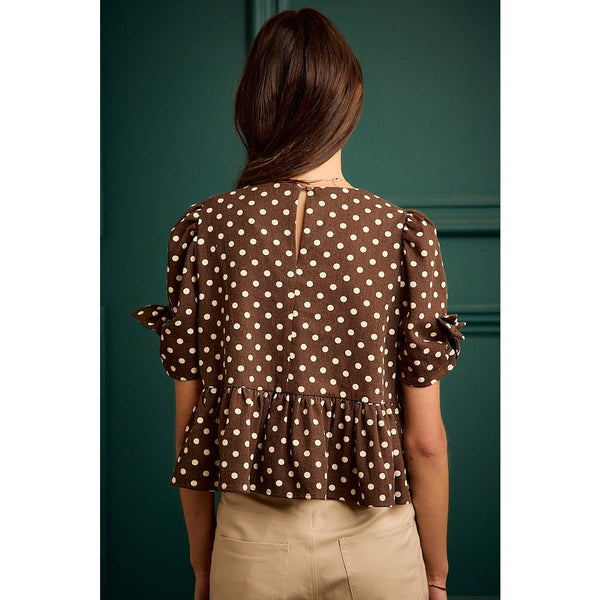 POLKA DOT BOW DETAIL SHORT SLEEVES PEPLUM TOP: BROWN/IVORY