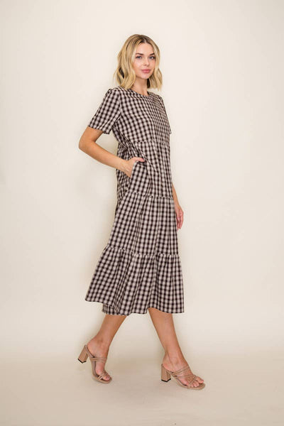 Plaid Flowy Tiered Midi Dress: Brown/Taupe / S - Lulu Bella Boutique