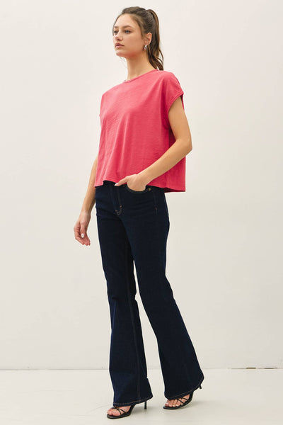 GARMENT DYE COTTON SLUB BOXY CUT CAP SLEEVE TEE : CRANBERRY / S - Lulu Bella Boutique