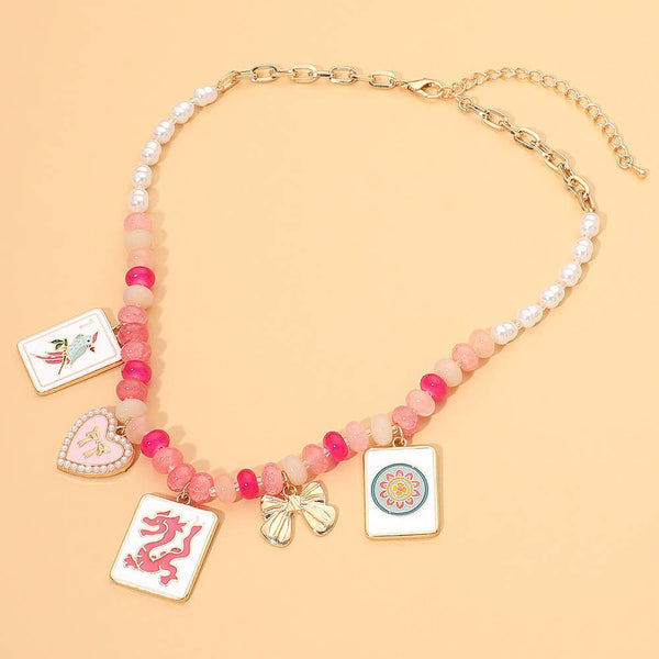 Mahjong Tile Heart Bow Charm Pearl Beaded Necklace