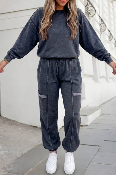 Solid Cargo Joggers Casual 2pcs Pants Set: Carbon Grey