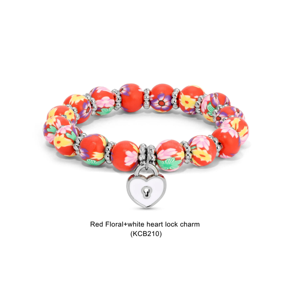 Kids Clay Beaded Stretch Charm Bracelets : Multi & White Floral+white happy face charm (KCB213) - Lulu Bella Boutique