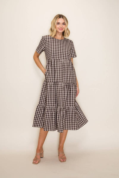 Plaid Flowy Tiered Midi Dress: Brown/Taupe / S - Lulu Bella Boutique