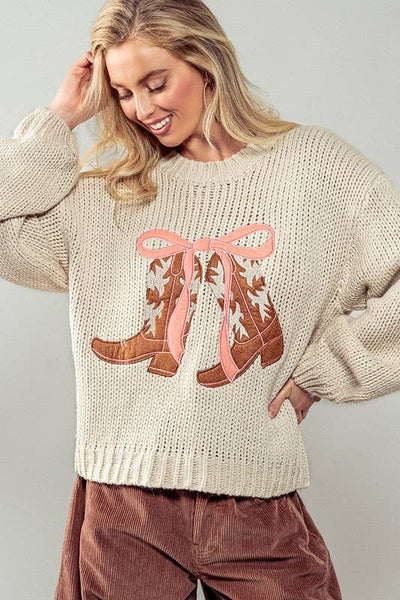 Cowboy Boots and Coquette Bow Sweater : TAUPE