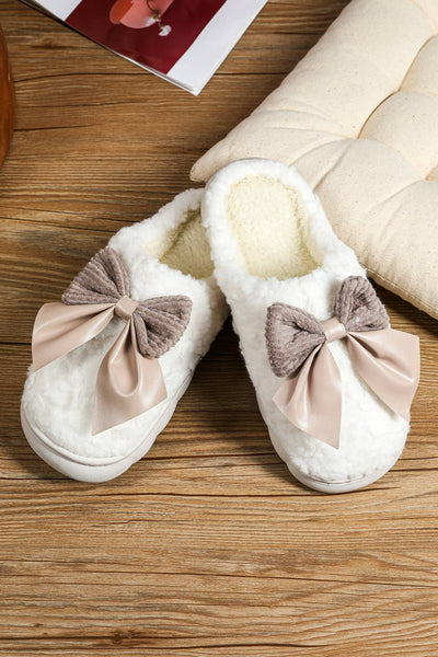 Bowknot Applique Plush Winter Slippers | US6-9.5: Khaki / Standard / US8 (CN39)