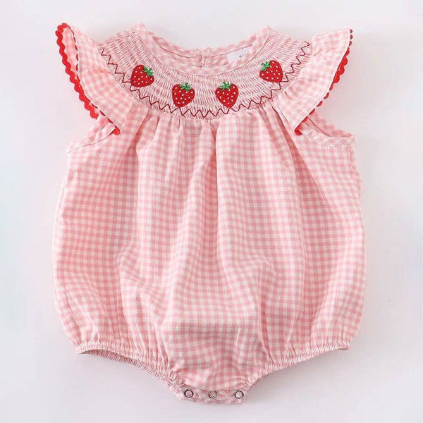 Baby Girls Strawberry Plaid Smocked Romper: 6M - Lulu Bella Boutique