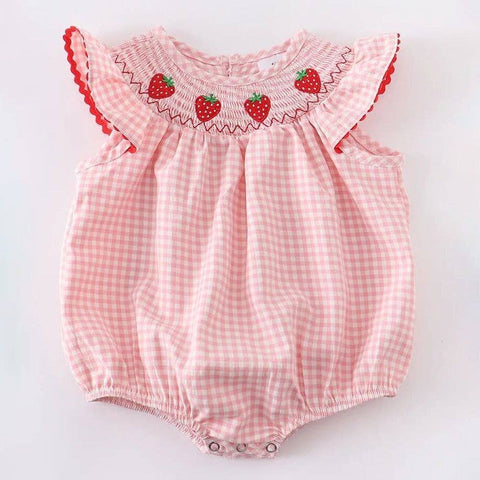 Baby Girls Strawberry Plaid Smocked Romper: 6M - Lulu Bella Boutique