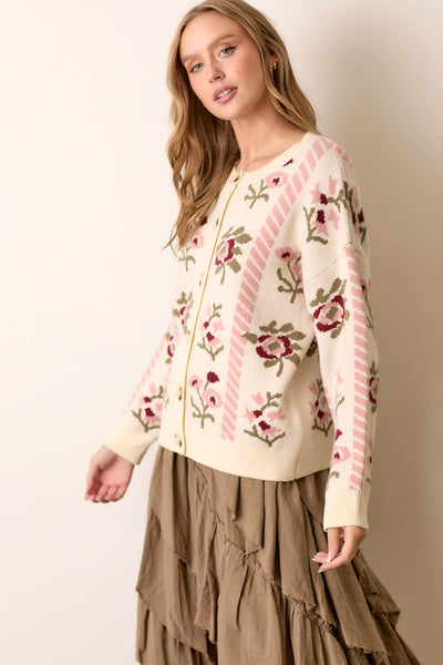 FLORAL INTARSIA SWEATER CARDIGAN: CREAM / M