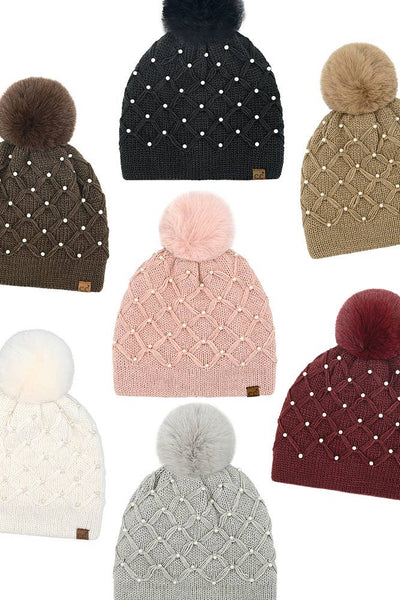 C.C Allover Pearl Crochet Pom Beanie: Rose