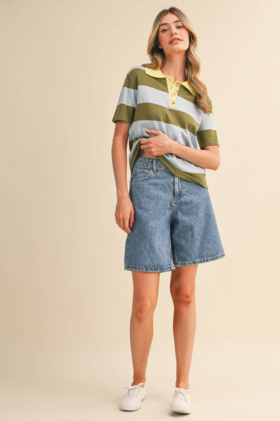 STRIPED SWEATER KNIT SHORT SLEEVE POLO MSW11339: BLUE SAGE / S - Lulu Bella Boutique