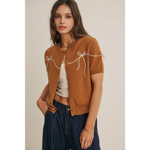 FRENCH MORNING BOW EMBROIDERED BUTTON-DOWN COTTON CARDIGAN: OFF WHITE / S - Lulu Bella Boutique