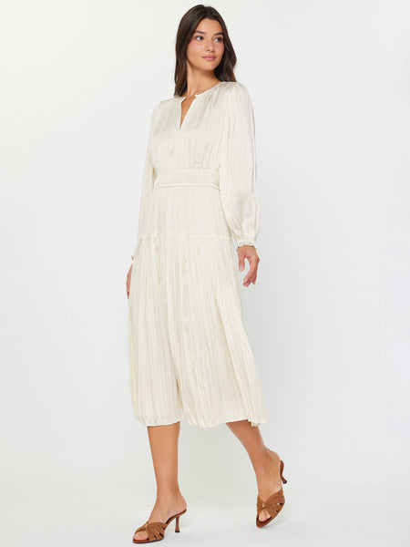 Pleated Long Sleeve Midi Dress: Ecru / XS - Lulu Bella Boutique