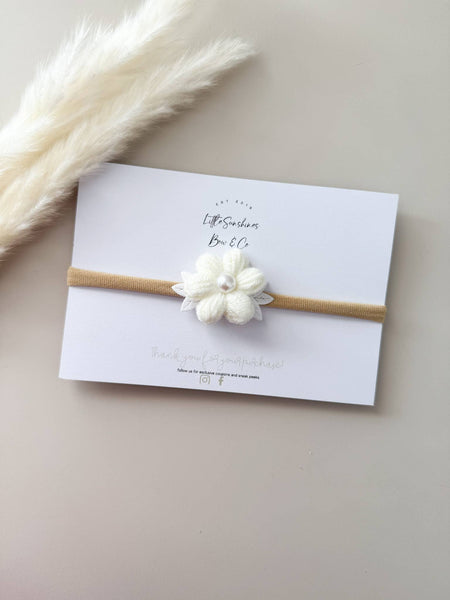 Knit Pearl Flower Hair Clips & Headbands: Cream / Pigtail Set - Lulu Bella Boutique