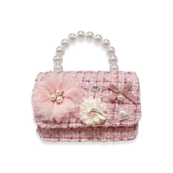 B1305 Floral Appliques Tweed Purse (3 Colors): Beige