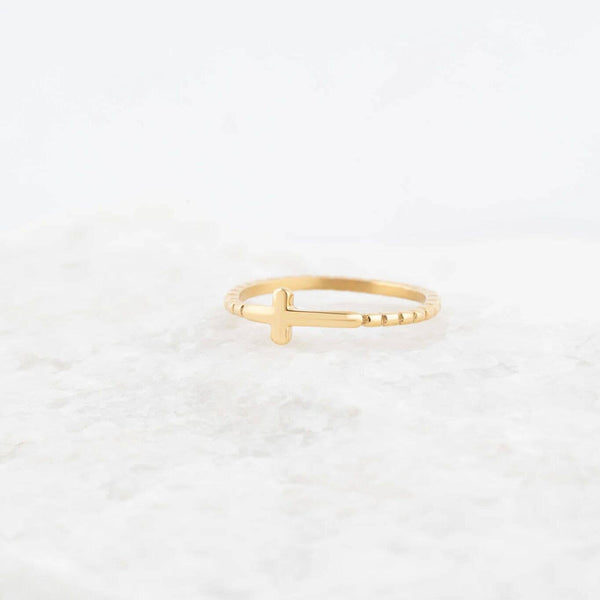14K Gold Filled Plus™ Beaded Cross Stacking Ring: Gold / 7