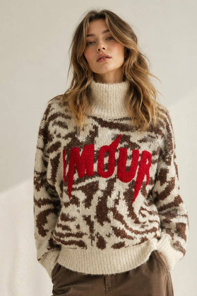 AMOUR ANIMAL KNIT SWEATER: IVORY/BROWN