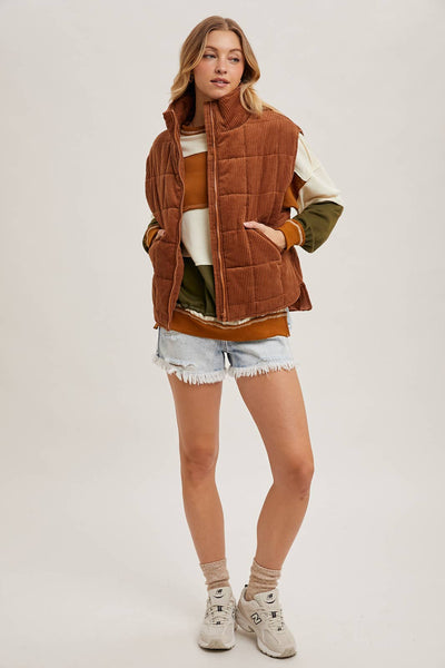 CORDUROY QUILTED PUFFER VEST: CAMEL / L