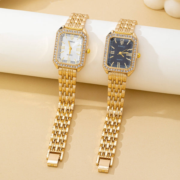 ENCRUSTED BEZEL RECTANGLE FACE BAND BRACELET WATCH | 80W005: GOLD-WHITE - Lulu Bella Boutique