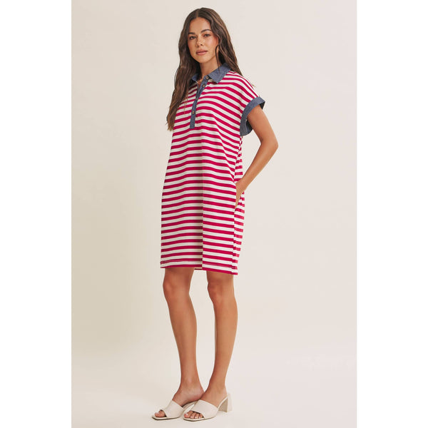 YACHT CLUB RELAXED FIT CASUAL STRIPE POLO MINI DRESS: BURGUNDY/CREAM
