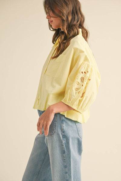 CUT OUT EMBROIDERED BUBBLE SLEEVE TOP MTP3835: LEMON / S - Lulu Bella Boutique